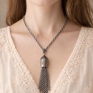 024 Vintage Silver Tone Tassel Necklace – Mid Century Style – Long Fringe